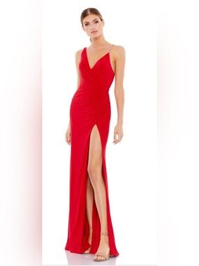 NWT Ieena Mac Duggal 265321 Red Pearl Strap Ruched Gown Size 6 $398